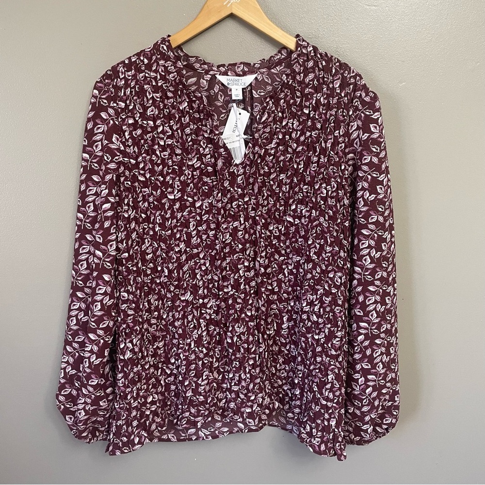 NWT Market & Spruce women’s 3X Blouse Floral pleats burgundy
